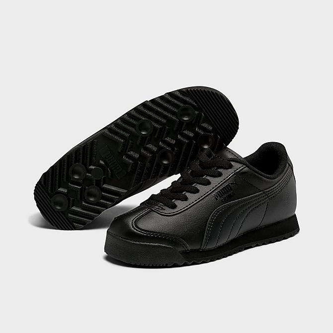 Three Quarter view of Little Kids' Puma Roma Casual Shoes in Puma Black/Puma Black Click to zoom
