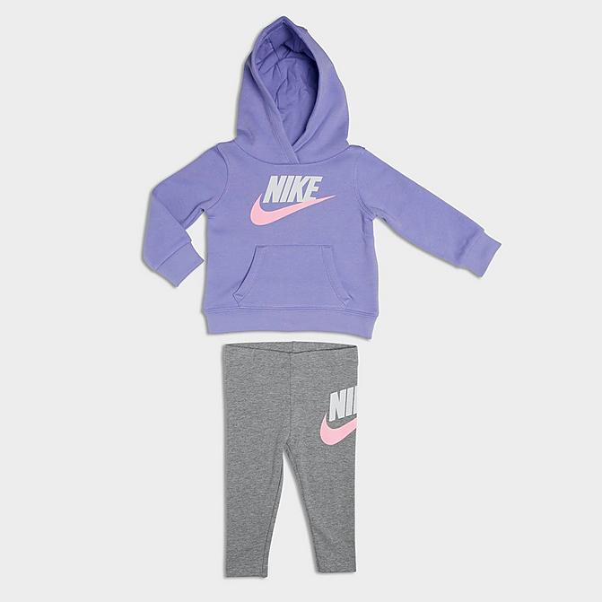 [angle] view of Girls' Little Kids' Nike Club HBR Hoodie and Jogger Pants Set in Purple Pulse Click to zoom