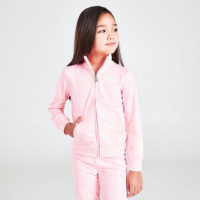 [angle] view of Girls' Little Kids' Nike Debossed Futura Tricot Track Jacket and Joggers Set in Arctic Punch Click to zoom