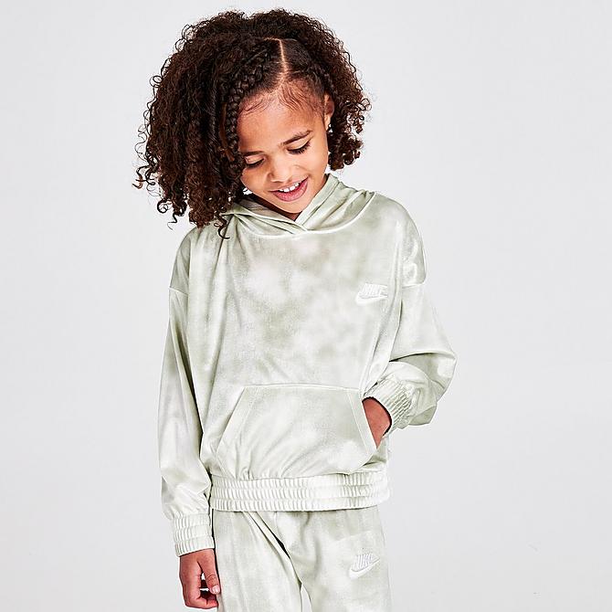 [angle] view of Girls' Little Kids' Nike Velour Pullover Hoodie and Jogger Pants Set in Cashmere Click to zoom