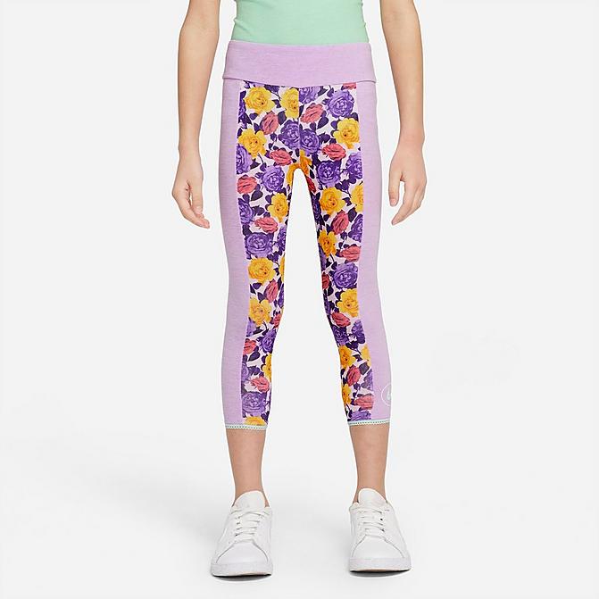 Front view of Girls' Little Kids' Nike Icon Clash Dri-FIT Leggings in Violet Shock Heather Click to zoom