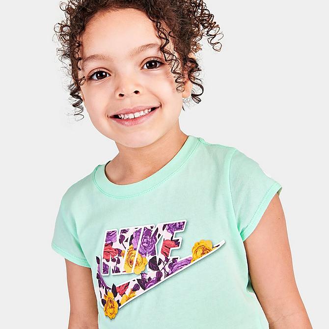 [angle] view of Girls' Little Kids' Nike Sportswear Icon Clash Print Fill T-Shirt in Mint Foam Click to zoom