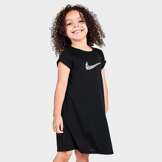 [angle] view of Girls' Little Kids' Nike Sportswear Daisy T-Shirt Dress in Black/White Click to zoom