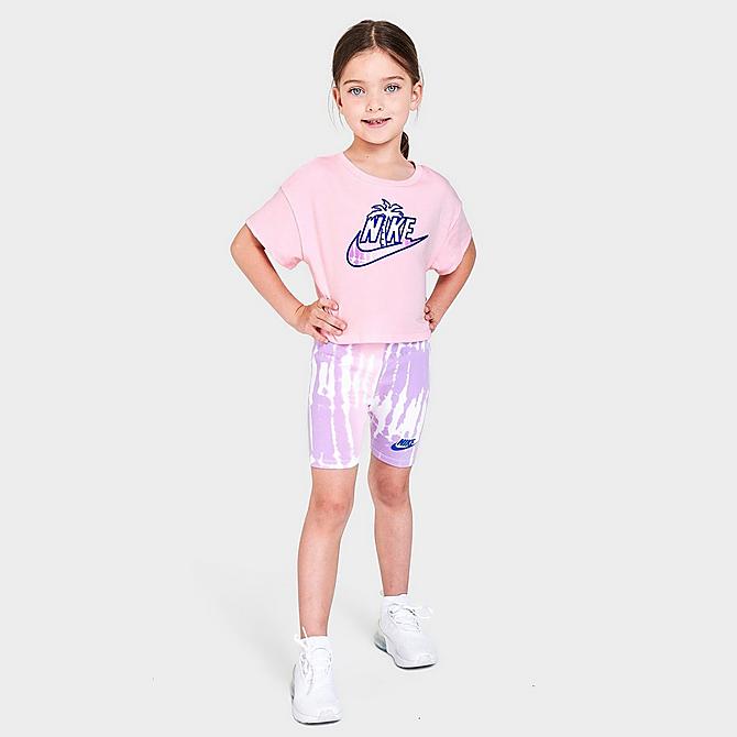 [angle] view of Girls' Little Kids' Nike Tie-Dye Bike Shorts in Arctic Punch Click to zoom