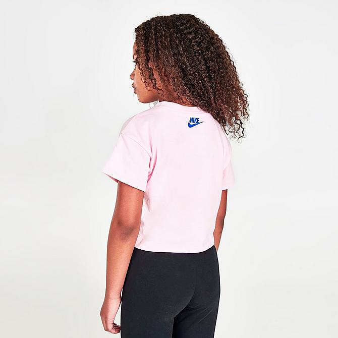 [angle] view of Girls' Little Kids' Nike Sportswear Futura Print Fill Boxy T-Shirt in Light Pink/Photo Blue Click to zoom