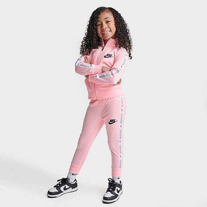 [angle] view of Girls' Little Kids' Nike Swoosh Love Tricot Track Jacket and Jogger Pants Set in Arctic Pink Click to zoom