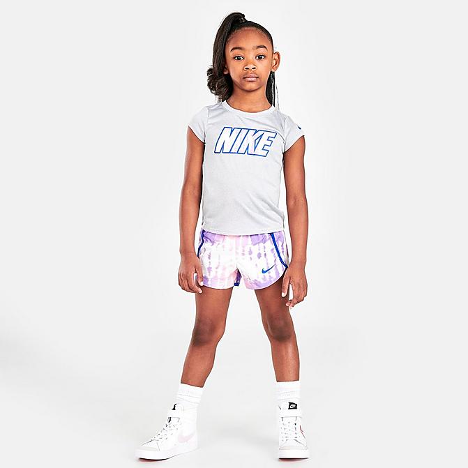 [angle] view of Girls' Little Kids' Nike Sportswear Tie-Dye Sprinter T-Shirt and Shorts Set in Grey Heather/Arctic Punch Click to zoom