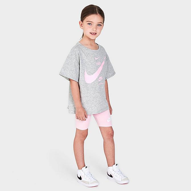 [angle] view of Girls' Little Kids' Nike Repeat T-Shirt and Bike Shorts Set in Arctic Punch/Grey Heather Click to zoom