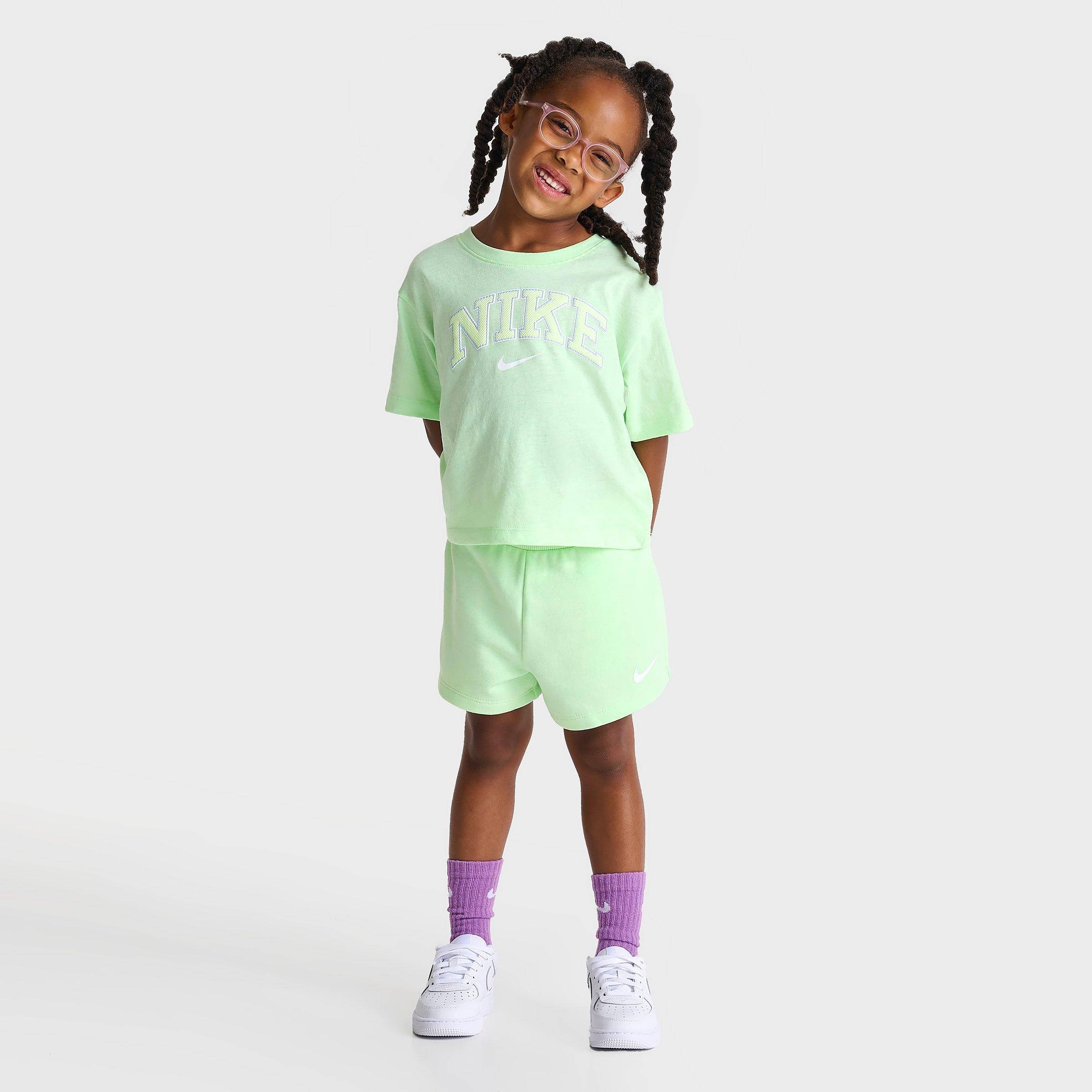 [angle] view of Girls' Little Kids' Nike Prep In Your Step T-Shirt And Shorts Set in Vapor Green Click to zoom
