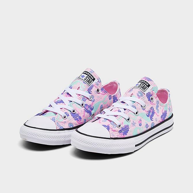 Three Quarter view of Girls' Little Kids' Converse Chuck Taylor All Star Mermaids Casual Shoes in Pink Foam/Wild Lilac/Light Dew Click to zoom
