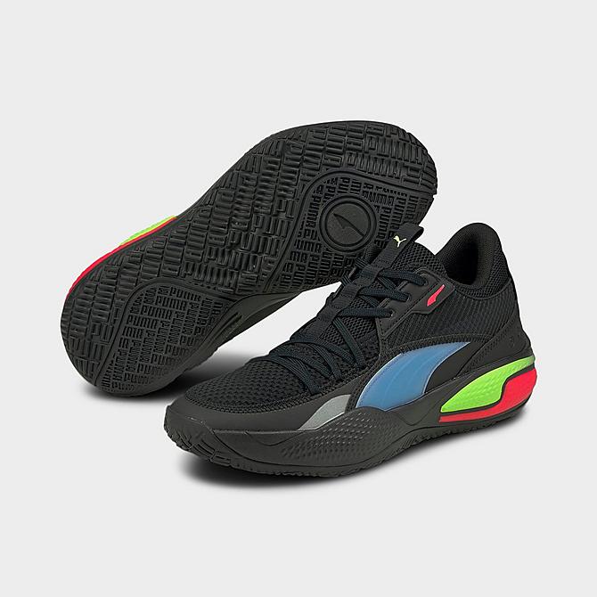 Three Quarter view of Men's Puma Court Rider Pop Basketball Shoes in Puma Black/Bluemazing Click to zoom
