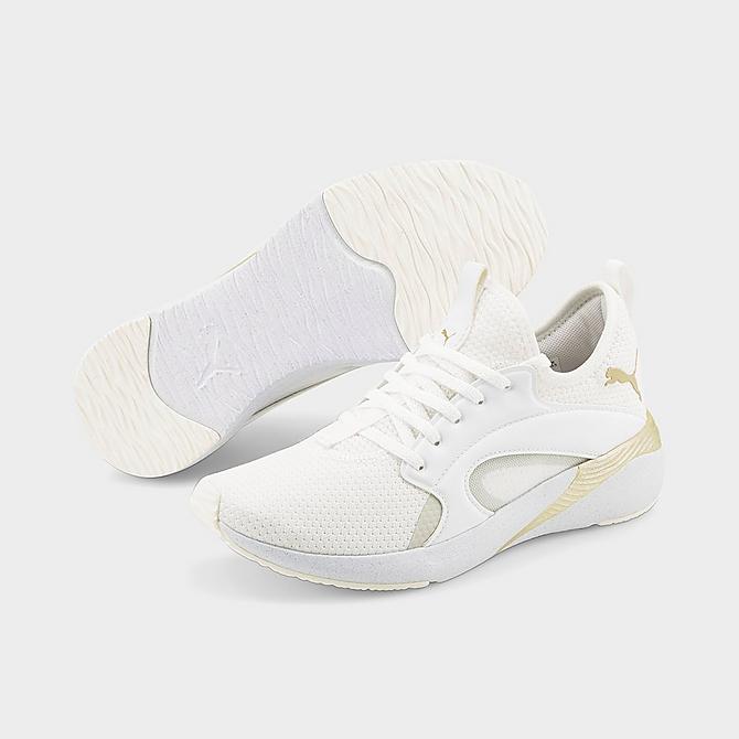 Three Quarter view of Women's Puma Better Foam Adore Pearlized Running Shoes in Puma White/Puma Team Gold Click to zoom