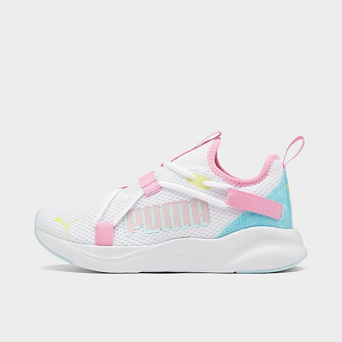 Right view of Girls' Big Kids' Puma Softride Rift Pop Glitch Casual Shoes in White/Nitro Blue/Prism Pink Click to zoom