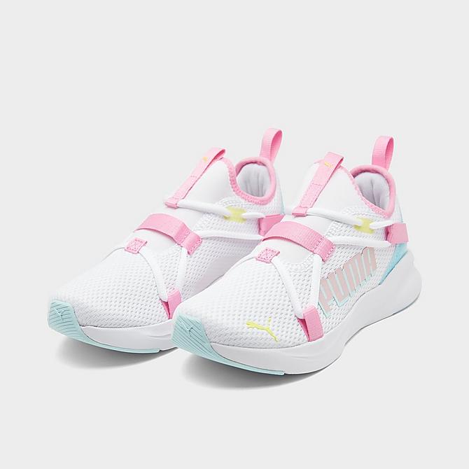 Three Quarter view of Girls' Big Kids' Puma Softride Rift Pop Glitch Casual Shoes in White/Nitro Blue/Prism Pink Click to zoom