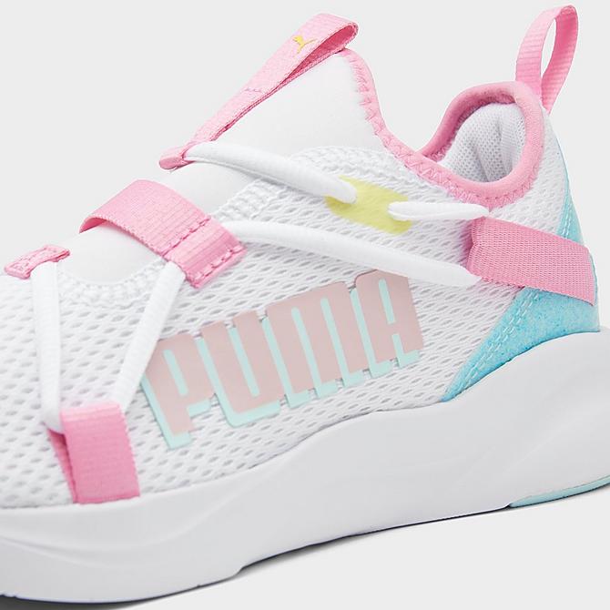 Front view of Girls' Big Kids' Puma Softride Rift Pop Glitch Casual Shoes in White/Nitro Blue/Prism Pink Click to zoom