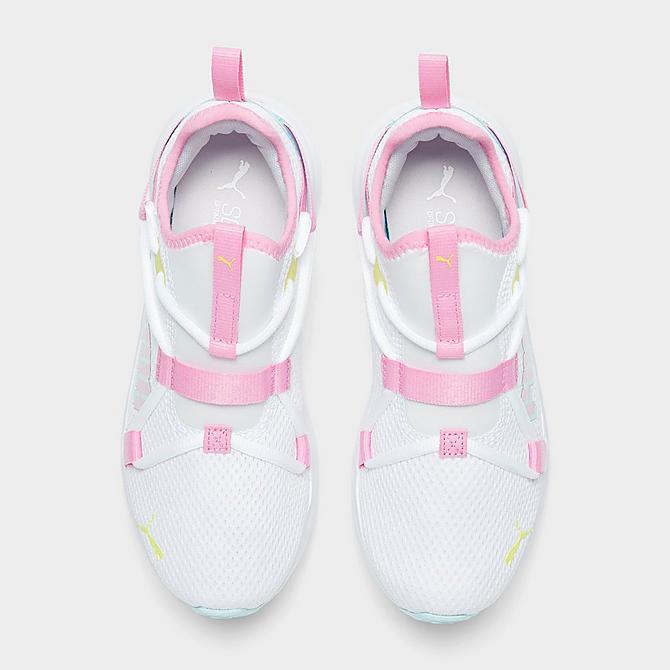 Back view of Girls' Big Kids' Puma Softride Rift Pop Glitch Casual Shoes in White/Nitro Blue/Prism Pink Click to zoom