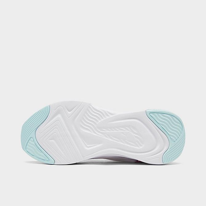 Bottom view of Girls' Big Kids' Puma Softride Rift Pop Glitch Casual Shoes in White/Nitro Blue/Prism Pink Click to zoom