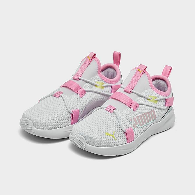 Three Quarter view of Girls' Toddler Puma Softride Rift Pop Glitch Casual Shoes in White/Nitro Blue/Prism Pink Click to zoom