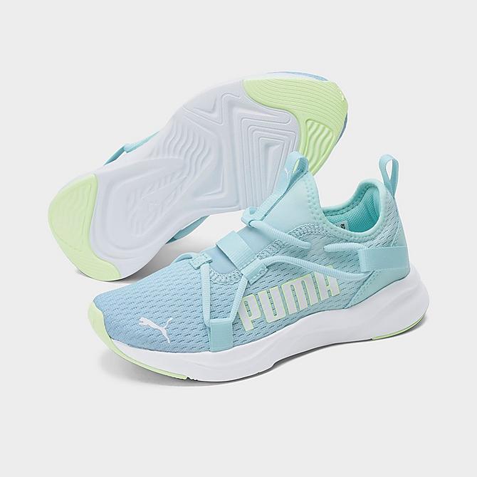 Three Quarter view of Big Kids' Puma Softride Rift Ombre 2 Casual Shoes in Ethereal Blue/Aruba Blue/Puma White Click to zoom