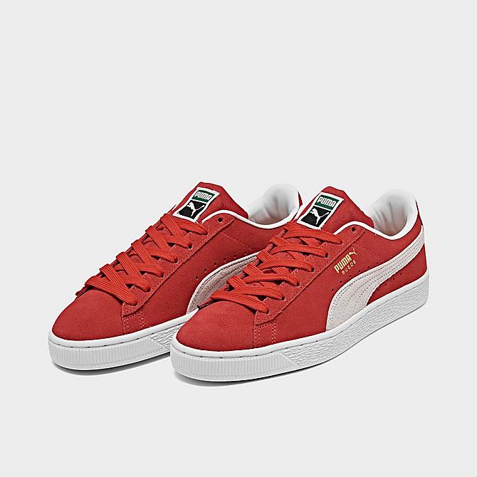 Three Quarter view of Big Kids' Puma Suede 21 Casual Shoes in Red/White/Egret Click to zoom