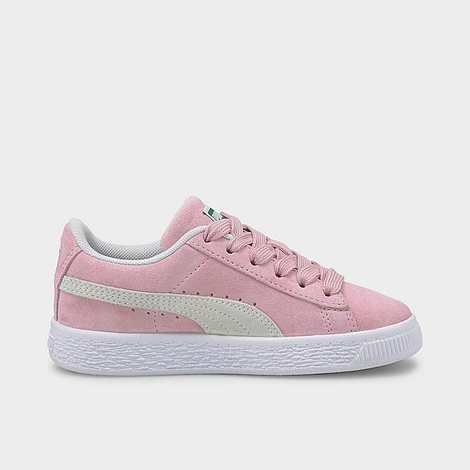 Front view of Girls' Little Kids' Puma Suede Classic XXI JR Casual Shoes in Pink Lady/Puma White Click to zoom