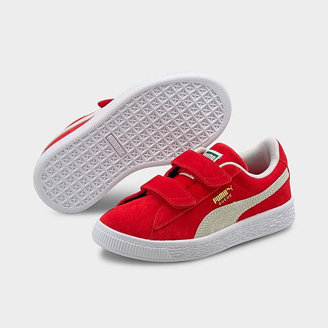 Three Quarter view of Little Kids' Puma Suede Classic XXI V Hook-and-Loop Casual Shoes in High Risk Red/Puma White Click to zoom