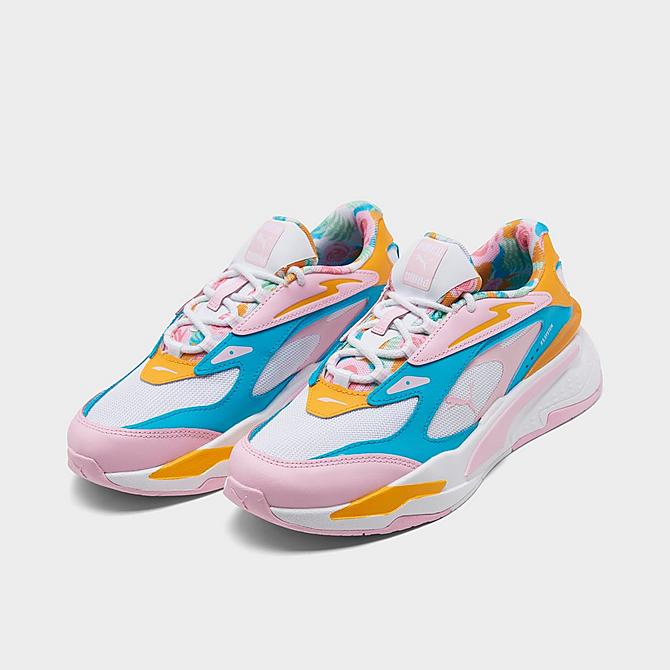 Three Quarter view of Girls' Big Kids' Puma Aura RS Fast Casual Shoes in White/Pink/Scuba Blue/Fast Flower Click to zoom