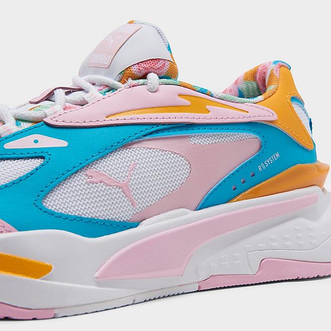 Front view of Girls' Big Kids' Puma Aura RS Fast Casual Shoes in White/Pink/Scuba Blue/Fast Flower Click to zoom