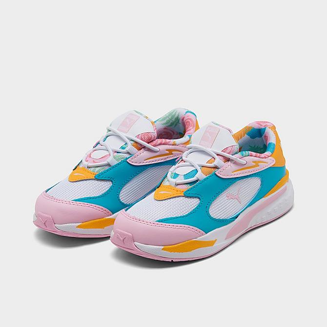 Three Quarter view of Girls' Toddler Puma RS-Fast Flower Casual Shoes in Pink/Teal/Multi Click to zoom