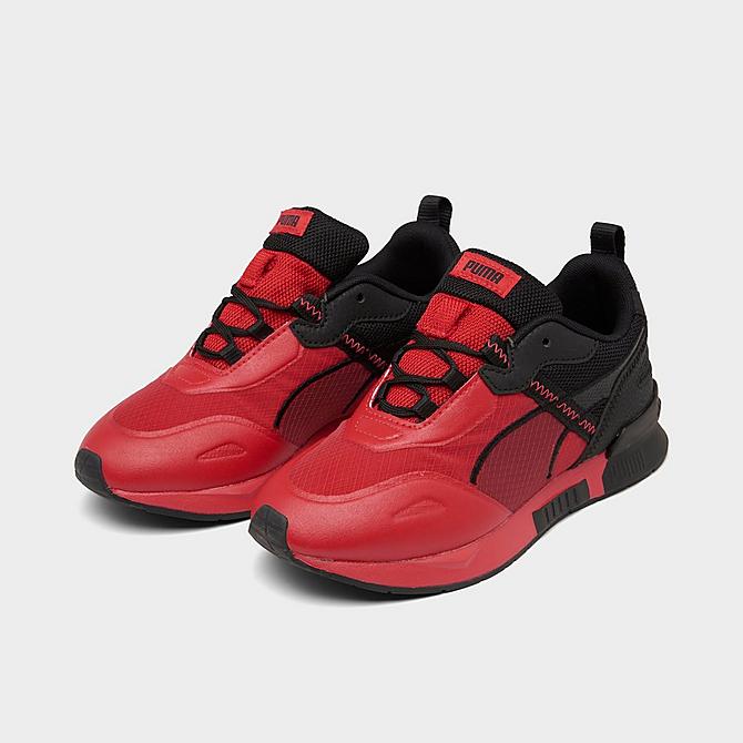 Three Quarter view of Boys' Little Kids' Puma Mirage Tech Casual Shoes in Red/Black Click to zoom