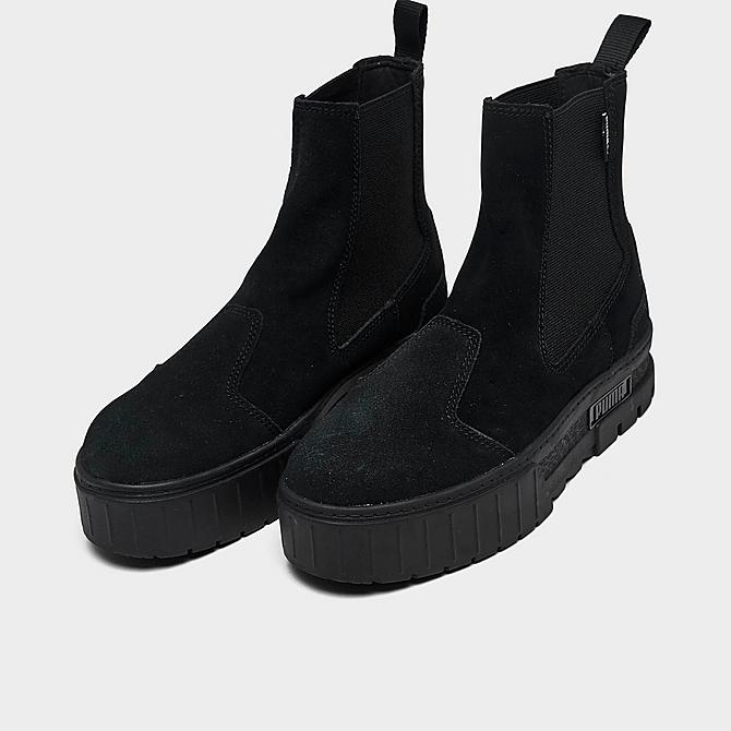 Three Quarter view of Women's Puma Mayze Suede Platform Chelsea Boots in Puma Black Click to zoom