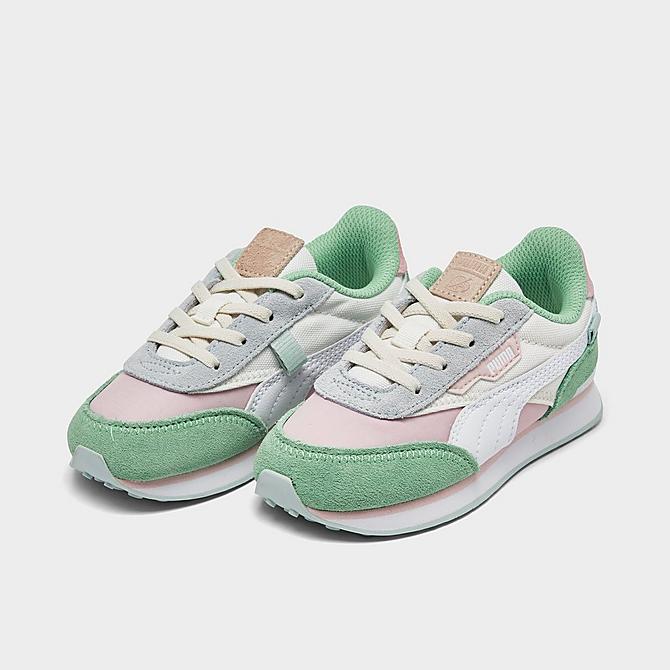 Three Quarter view of Girls' Toddler Puma Future Rider Play On Casual Shoes in Bok Choy/Puma White Click to zoom