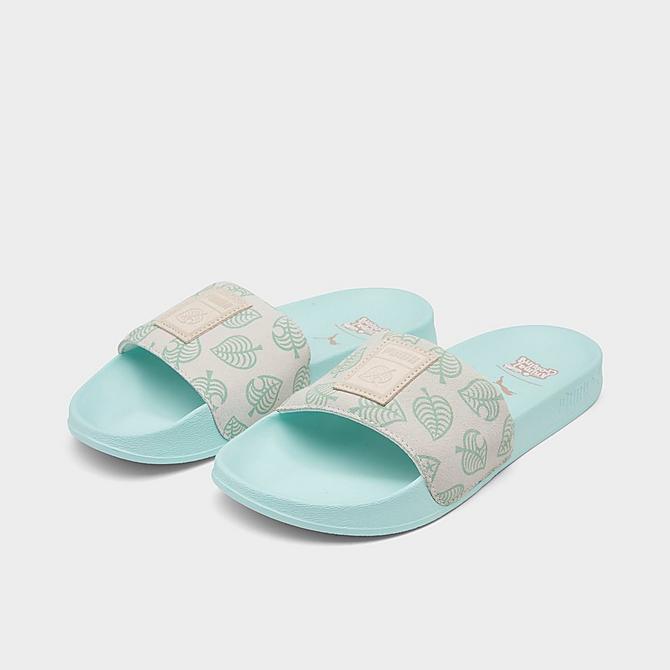 Three Quarter view of Little Kids' Puma x Animal Crossing: New Horizons Leadcat Slide Sandals in Eggshell Blue/Whisper White Click to zoom