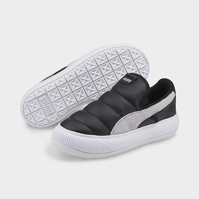 Three Quarter view of Women's Puma Suede Mayu Slip-On Casual Shoes in Puma Black/Puma White/Harbor Mist Click to zoom