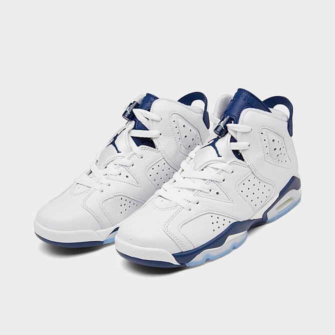 Three Quarter view of Big Kids' Air Jordan Retro 6 Basketball Shoes in White/Midnight Navy Click to zoom