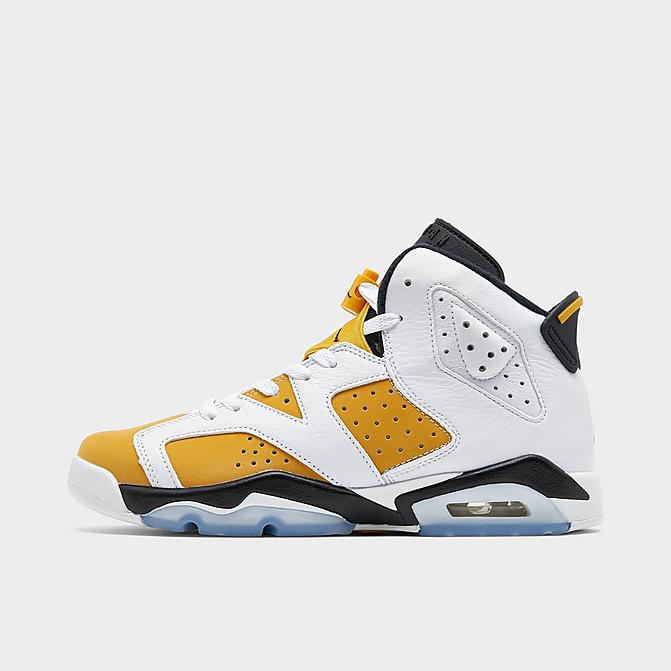 Right view of Big Kids' Air Jordan Retro 6 Basketball Shoes in White/Yellow Ochre/Black Click to zoom
