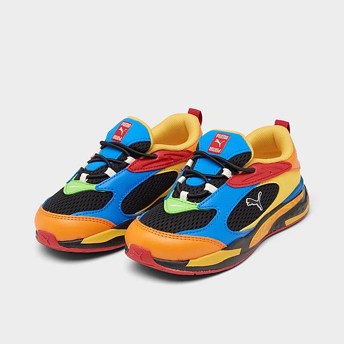 Three Quarter view of Kids' Toddler Puma RS-Fast Candy Casual Shoes in Orange/Blue/Black/Yellow/Red Click to zoom