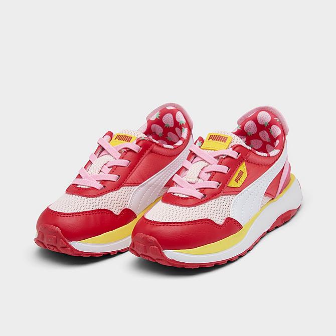 Three Quarter view of Girls' Toddler Puma Cruise Rider Summer Treat Casual Shoes in Pink/White/Red Click to zoom