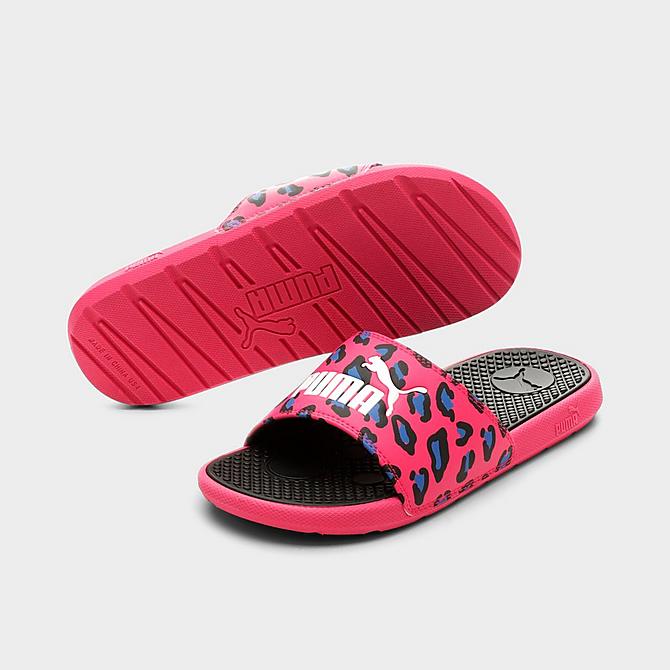 Three Quarter view of Girls' Big Kids' Puma Cool Cat Summer Roar Slide Sandals in Beetroot Purple/Puma Black/Victoria Blue Click to zoom