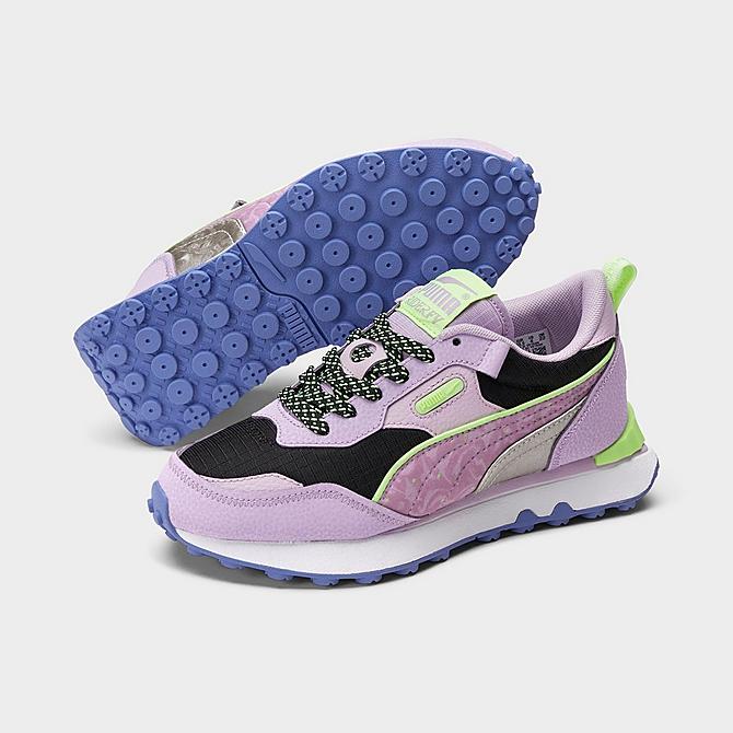 Three Quarter view of Girls' Big Kids' Puma Rider FV Sp@ce Gl@m Casual Shoes in Purple Rose/Puma Black/Orchid Bloom Click to zoom