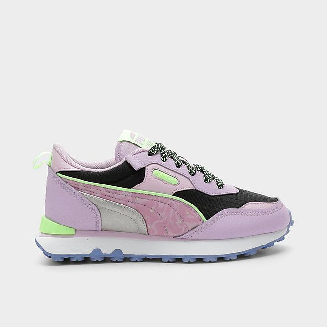 Front view of Girls' Big Kids' Puma Rider FV Sp@ce Gl@m Casual Shoes in Purple Rose/Puma Black/Orchid Bloom Click to zoom