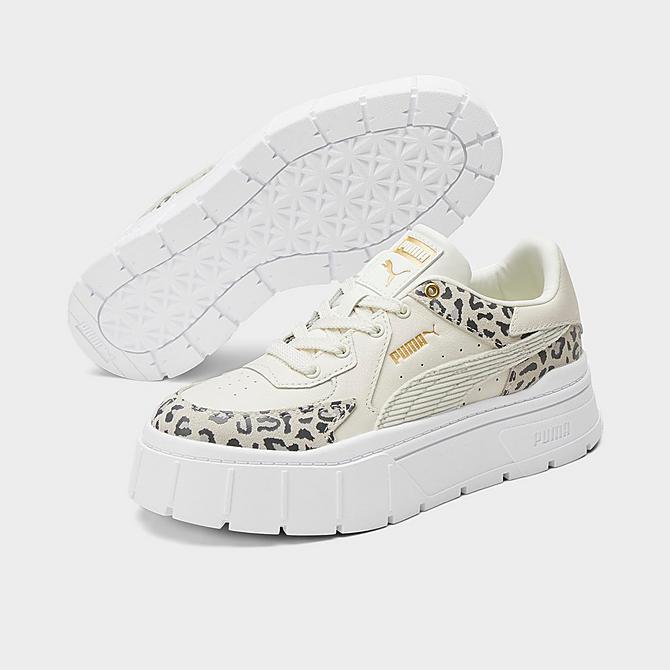 Three Quarter view of Women's Puma Mayze Stacked Edgy Leopard Platform Casual Shoes in Marshmallow/Puma Team Gold Click to zoom