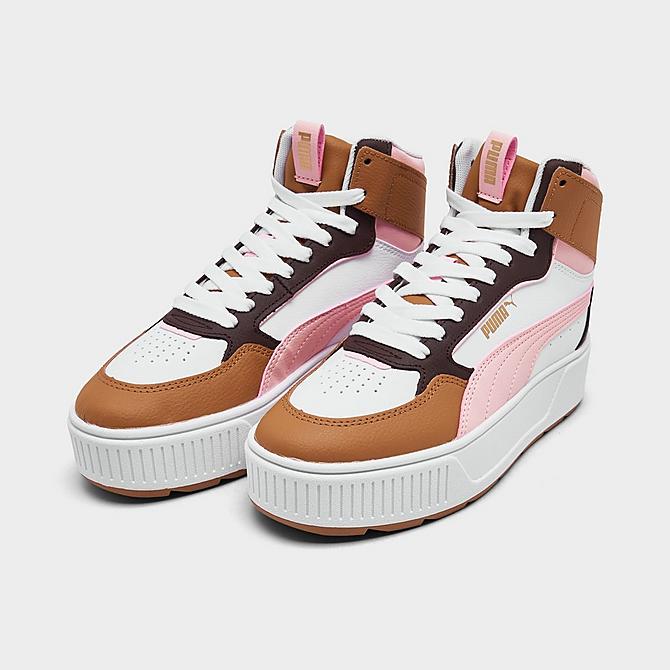 Three Quarter view of Girls' Big Kids' Puma Karmen Rebelle Mid Casual Shoes in White/Pink/Brown/Tan Click to zoom