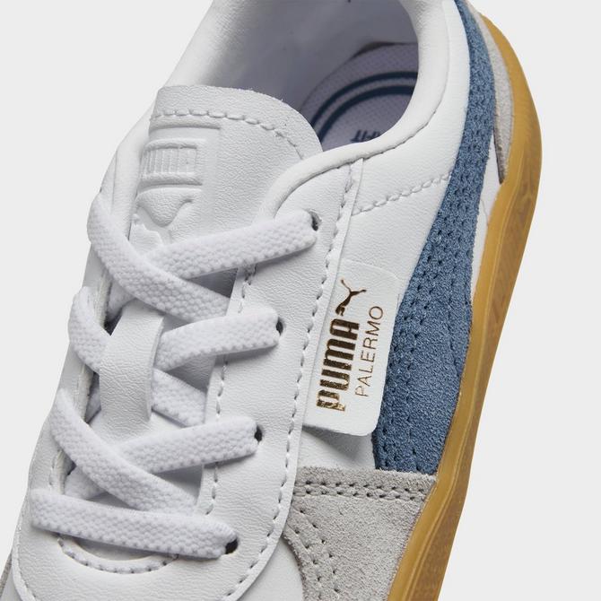 Front view of Kids' Toddler Puma Palermo Casual Shoes in White/Blue Horizon/Gum Click to zoom