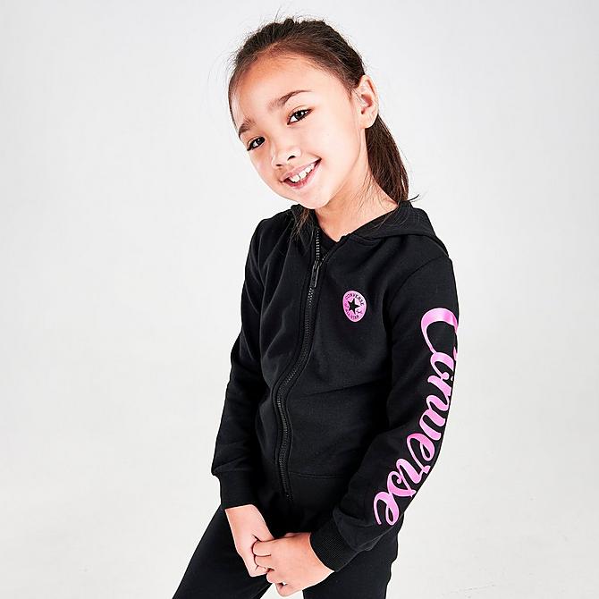 [angle] view of Girls' Little Kids' Converse Full-Zip Hoodie and Jogger Pants Set in Black/Pink Click to zoom