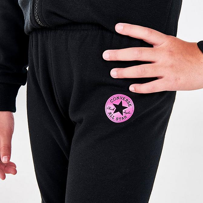 [angle] view of Girls' Little Kids' Converse Full-Zip Hoodie and Jogger Pants Set in Black/Pink Click to zoom