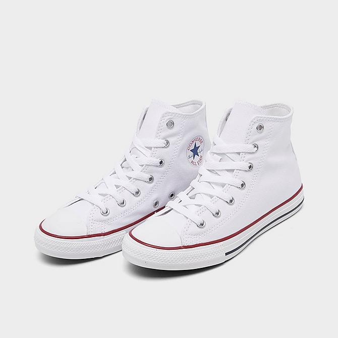 Three Quarter view of Little Kids' Converse Chuck Taylor Hi Top Casual Shoes in White Click to zoom