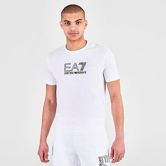 Front view of Men's Emporio Armani EA7 Graphic Logo Print Short-Sleeve T-Shirt in White Click to zoom