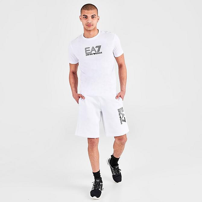 Front Three Quarter view of Men's Emporio Armani EA7 Graphic Logo Print Short-Sleeve T-Shirt in White Click to zoom