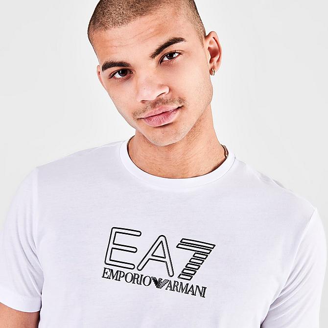 On Model 5 view of Men's Emporio Armani EA7 Graphic Logo Print Short-Sleeve T-Shirt in White Click to zoom